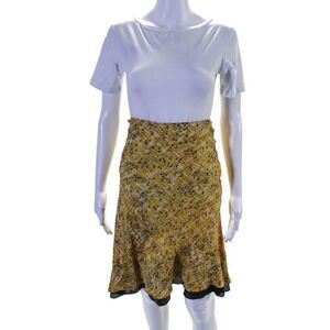 Angela Amiri Womens Silk Abstract Print Flounce Hem Slip Skirt Yellow Size S
